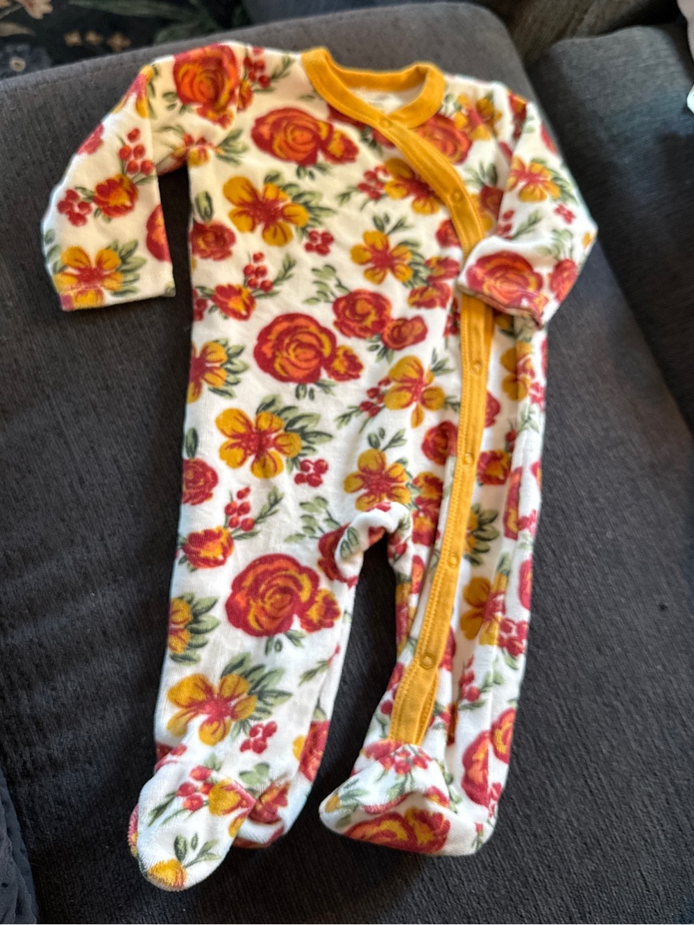 Floral Snap-Front Baby Footed One-Piece in White, Red and Yellow